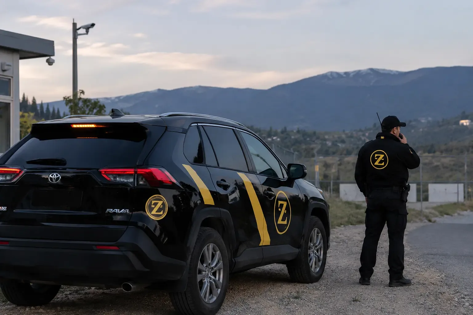 Mobile patrol security officer checking a construction site gate at night in British Columbia